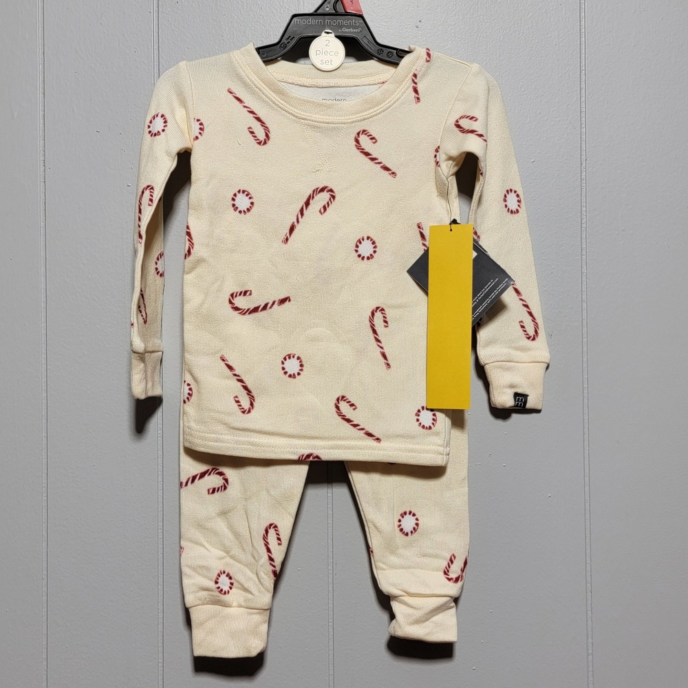 Modern Moments by Gerber Toddler 2T Candy‎ Cane Thermal Pajama Set Oatmeal Red
